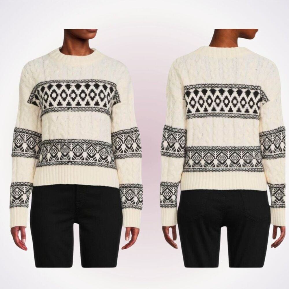 Lea and Viola black and cream winter knit print crewneck cable knit sweater | Sz